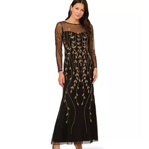 NWT Adrianna Papell Black Mesh Gold Embellished Maxi Dress 14